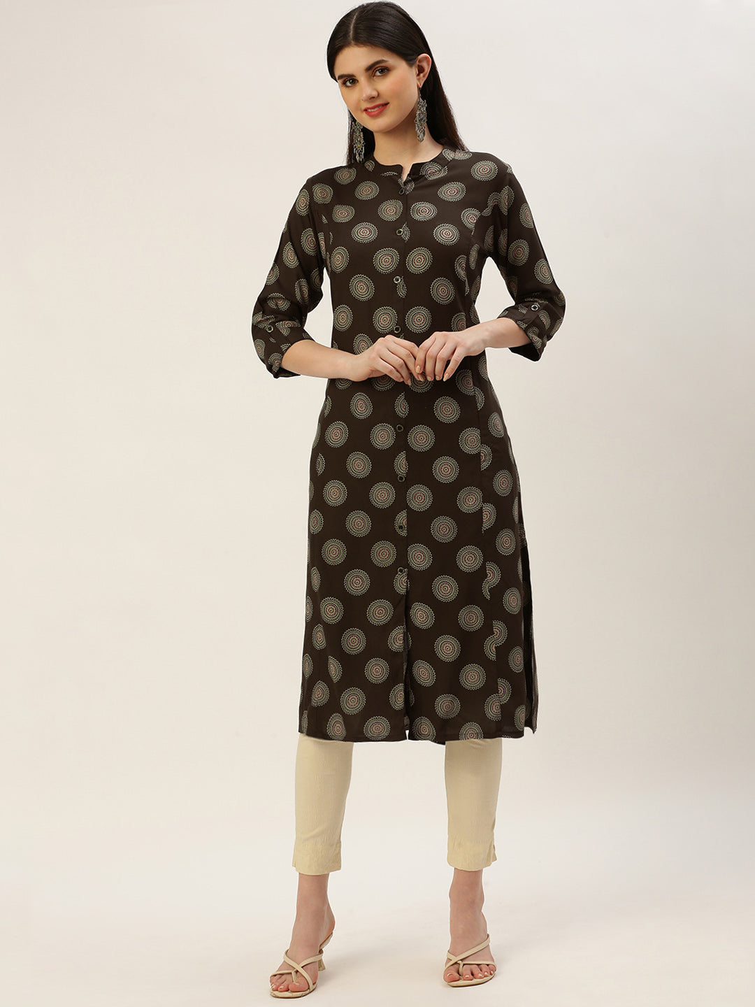 Brown Floral Printed A-Line Kurta
