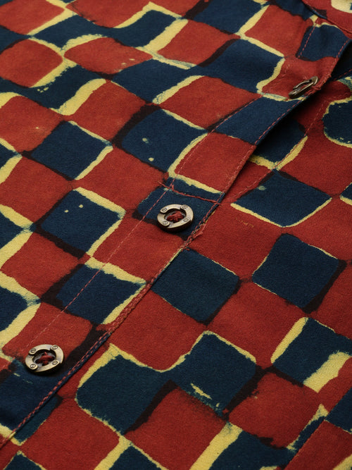Navy Blue and Brown Geometric Printed Kurta