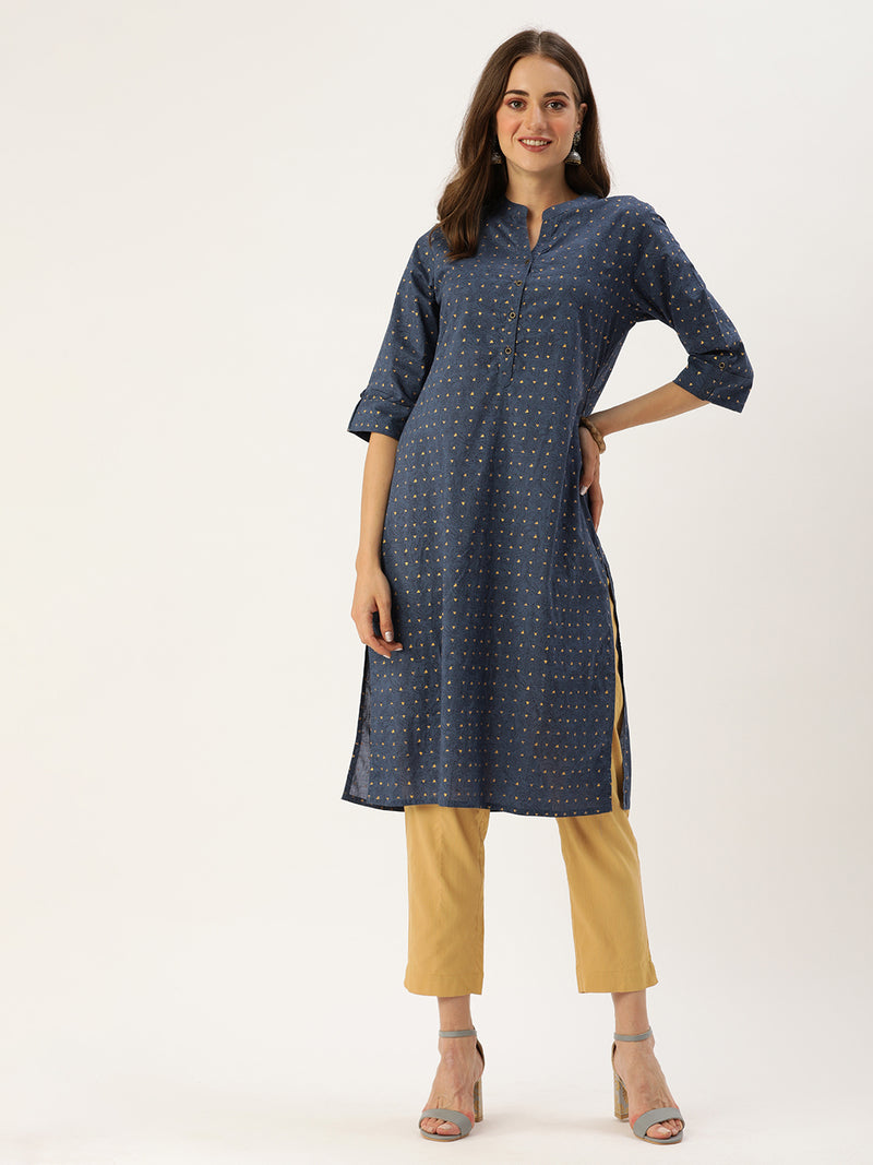 Navy Blue  Gold-Toned Floral Printed Kurta