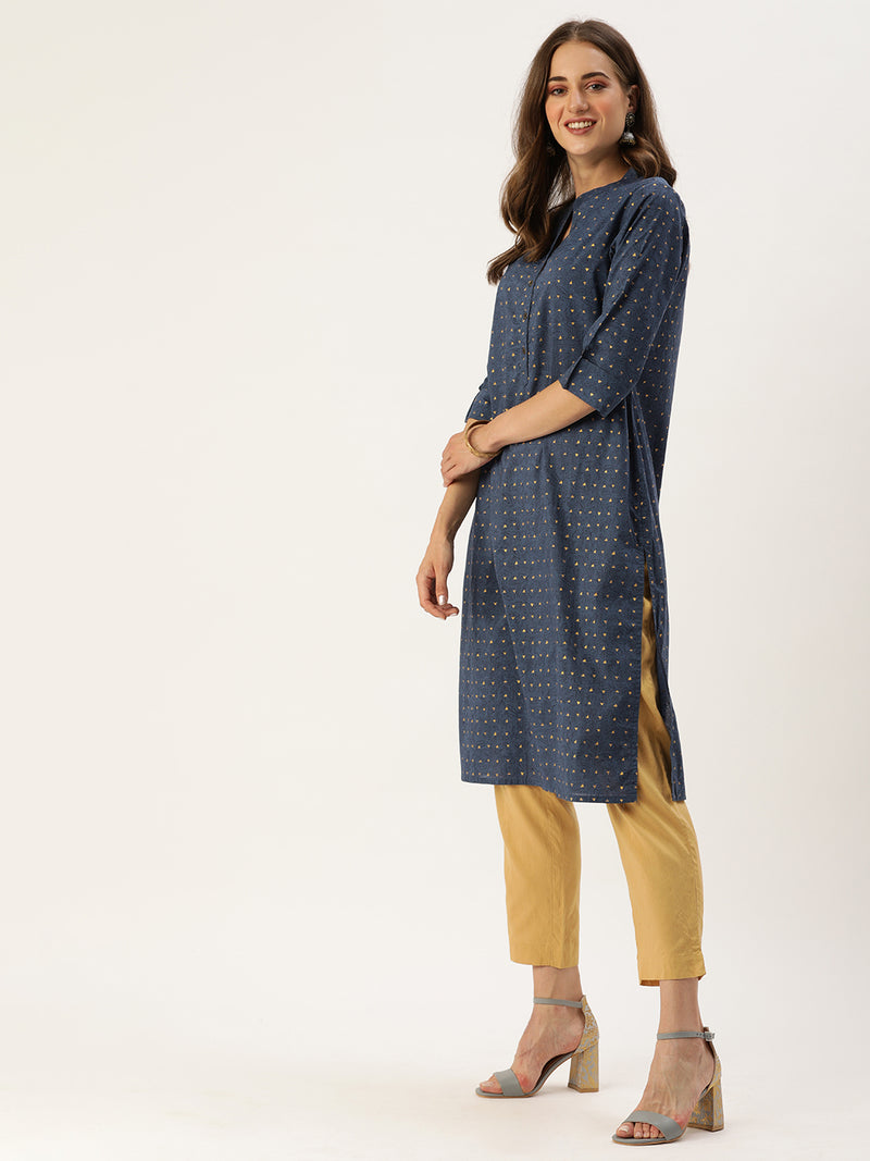 Navy Blue  Gold-Toned Floral Printed Kurta