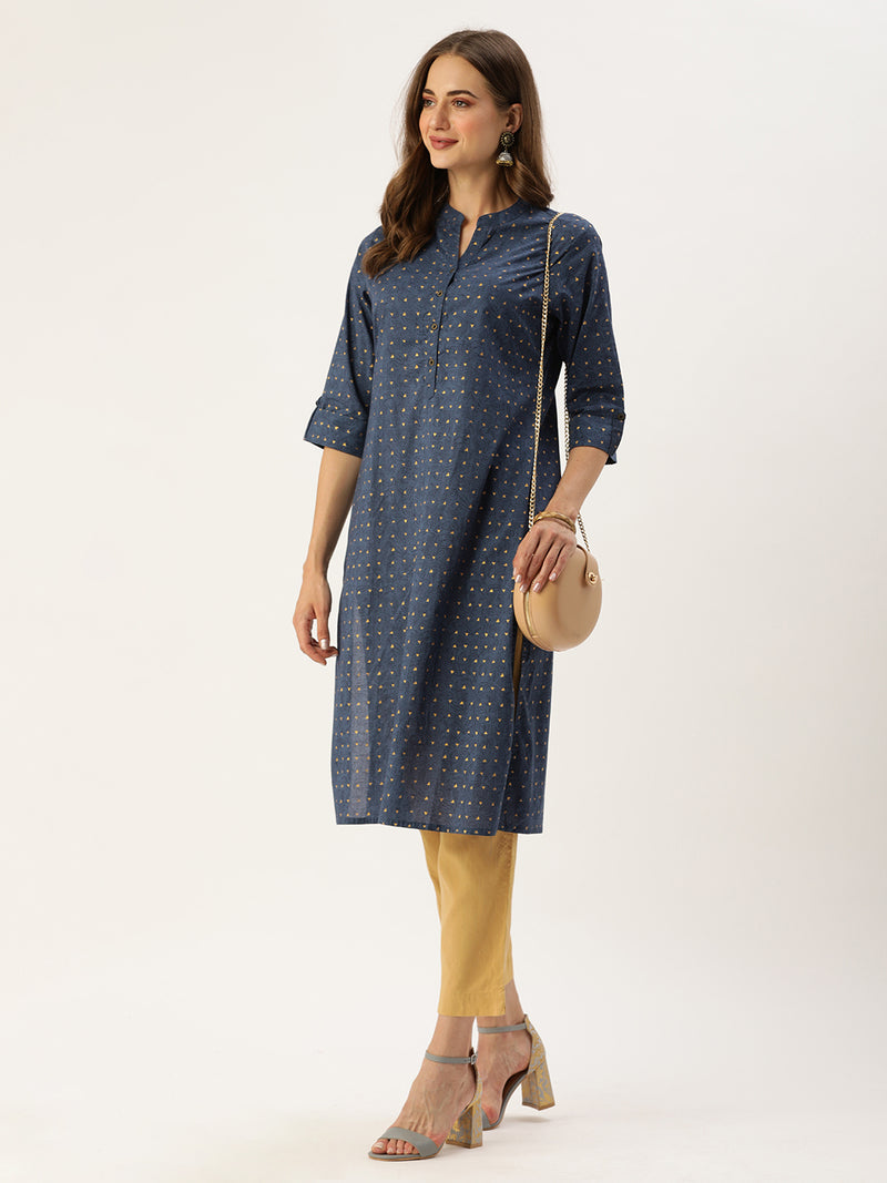 Navy Blue  Gold-Toned Floral Printed Kurta