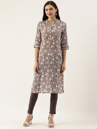 Brown & Beige Floral Printed Kurta