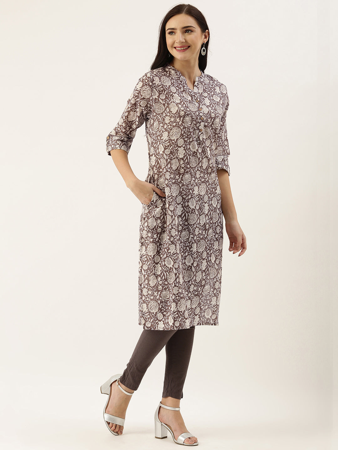 Brown & Beige Floral Printed Kurta