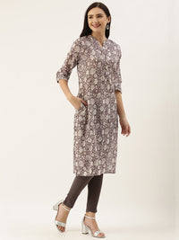 Brown & Beige Floral Printed Kurta