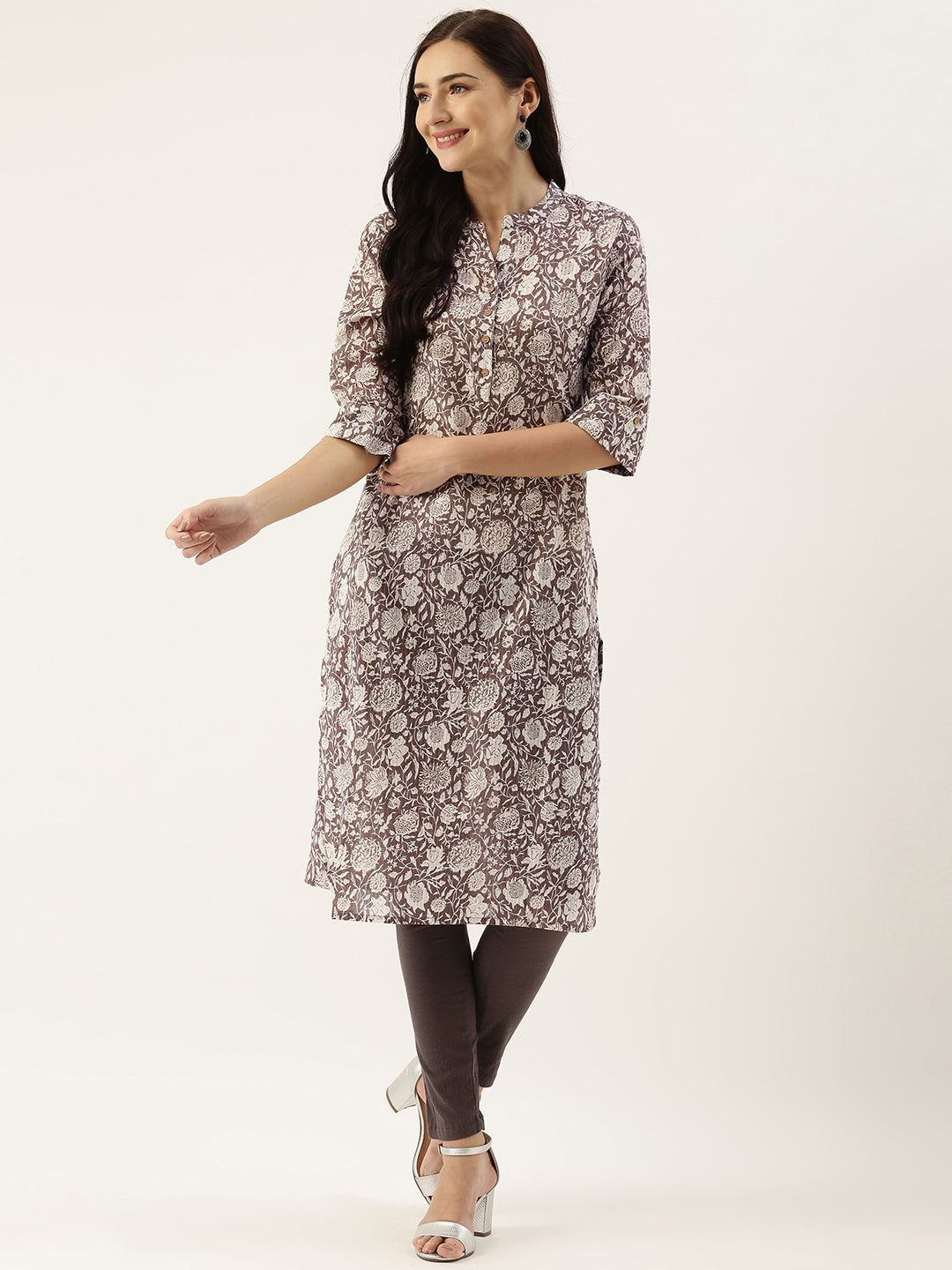 Brown & Beige Floral Printed Kurta
