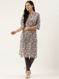Brown & Beige Floral Printed Kurta